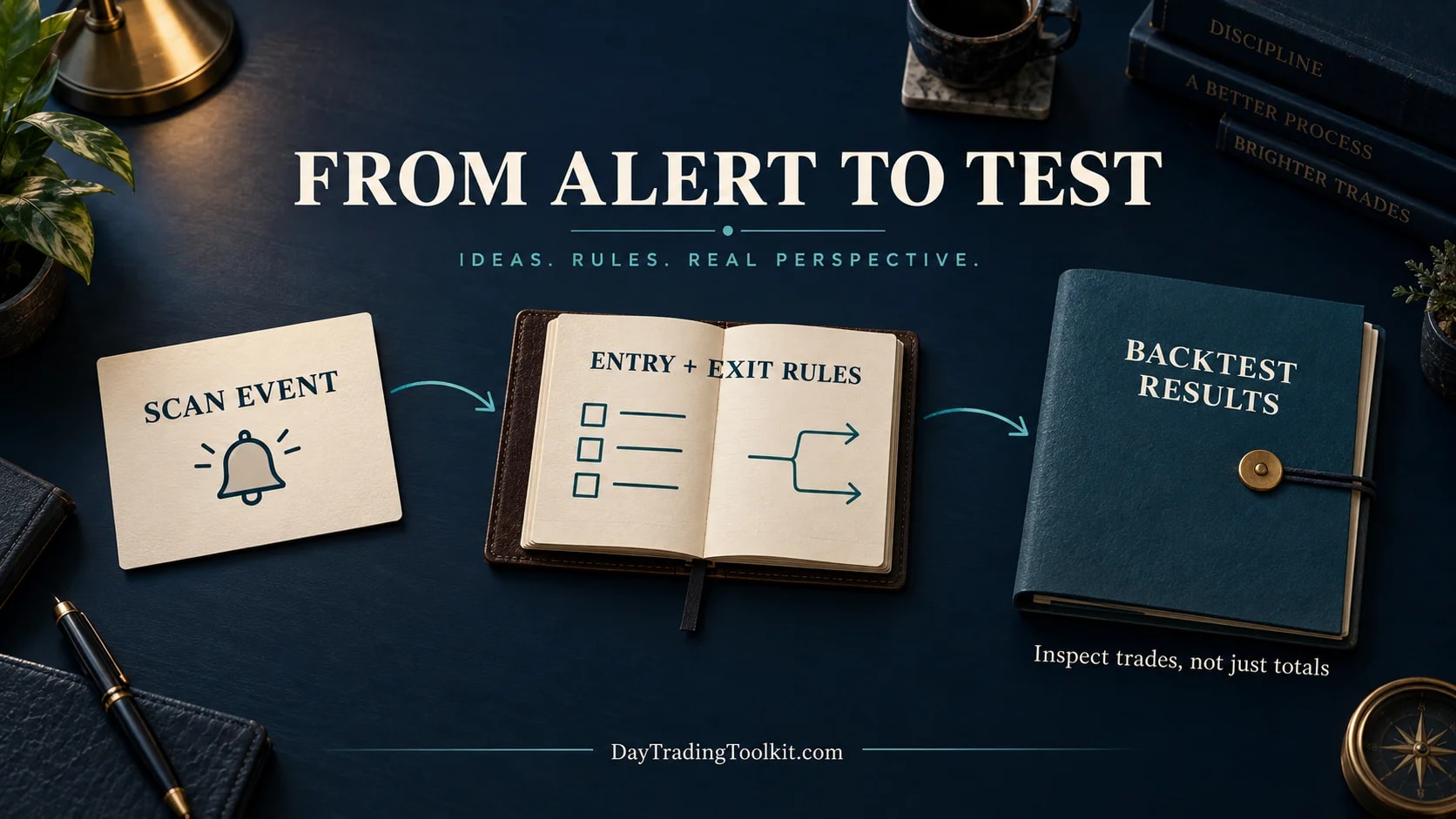 An alert-window event and chosen entry and exit rules lead to historical backtest results that need trade-level inspection.