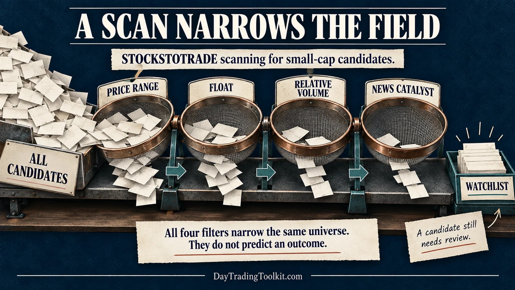 StocksToTrade scanning funnel narrows many stocks with price, volume, and movement filters into a shortlist for research.