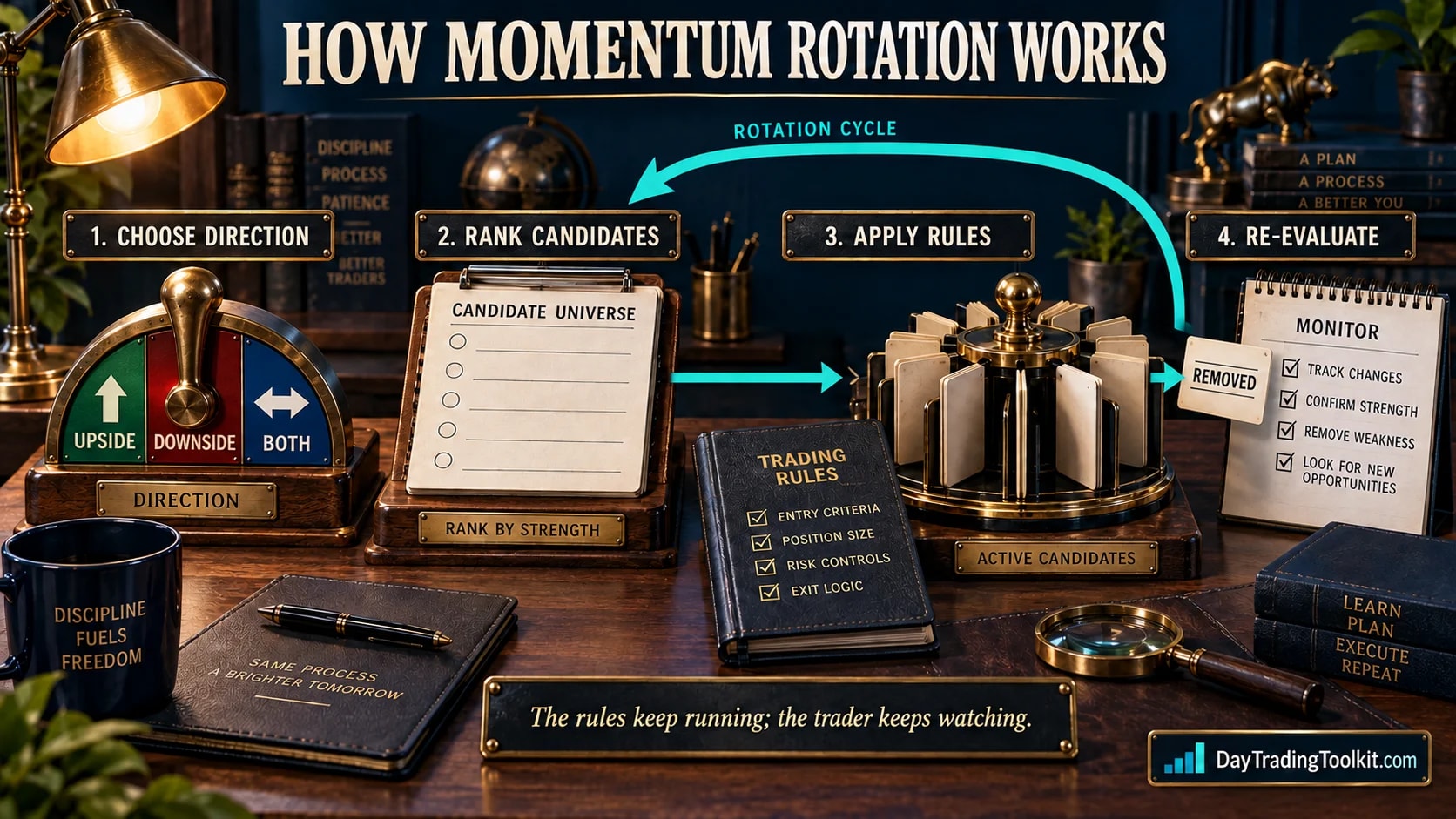 Money Machine portfolio rotation shown as a supervised process.