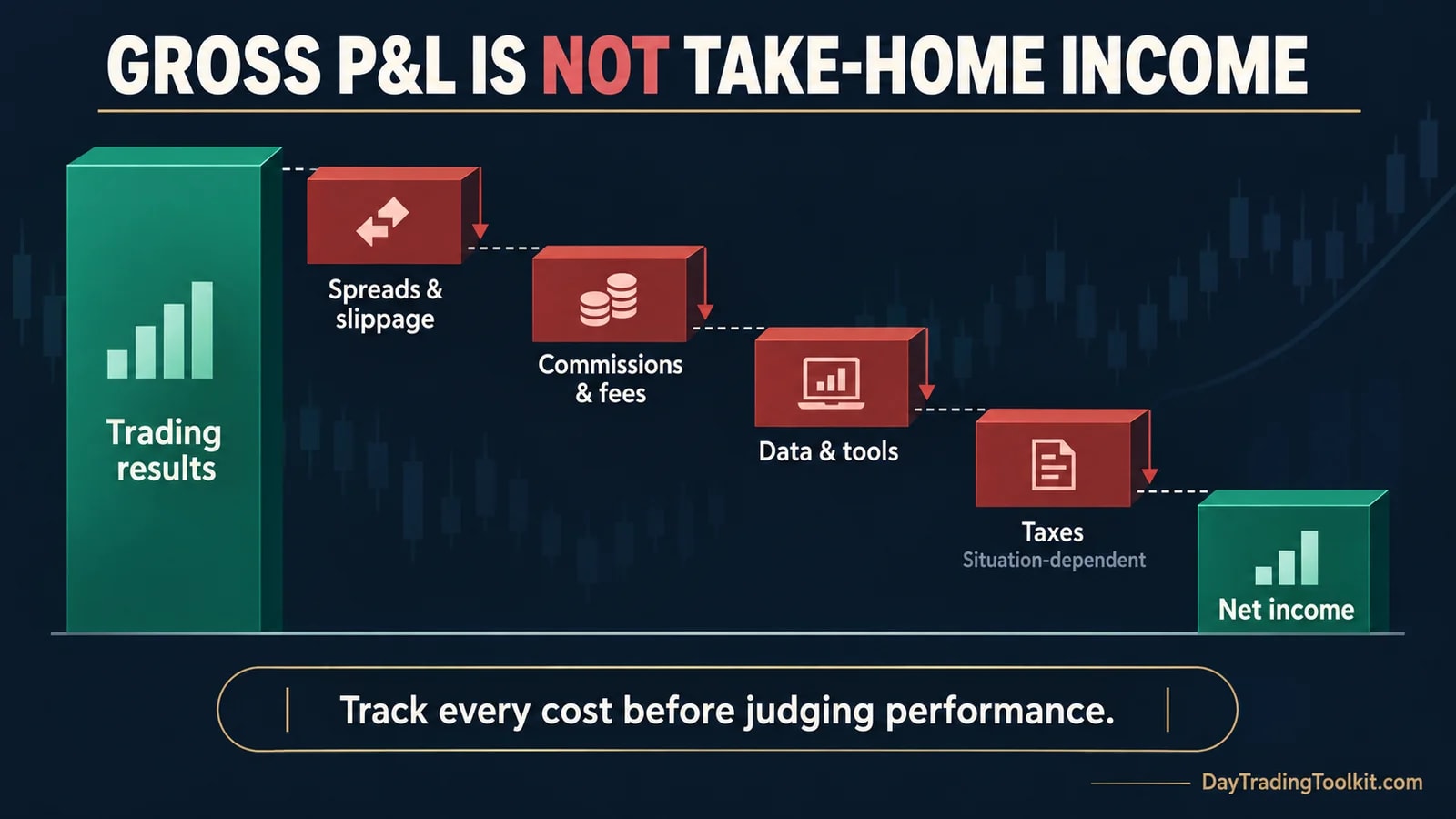 Trading income waterfall showing spreads, slippage, commissions, tools, and taxes reducing gross results to net income.