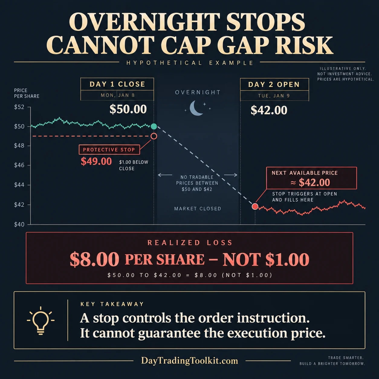 Hypothetical overnight gap showing a $49 stop filling near a $42 open after a $50 close.