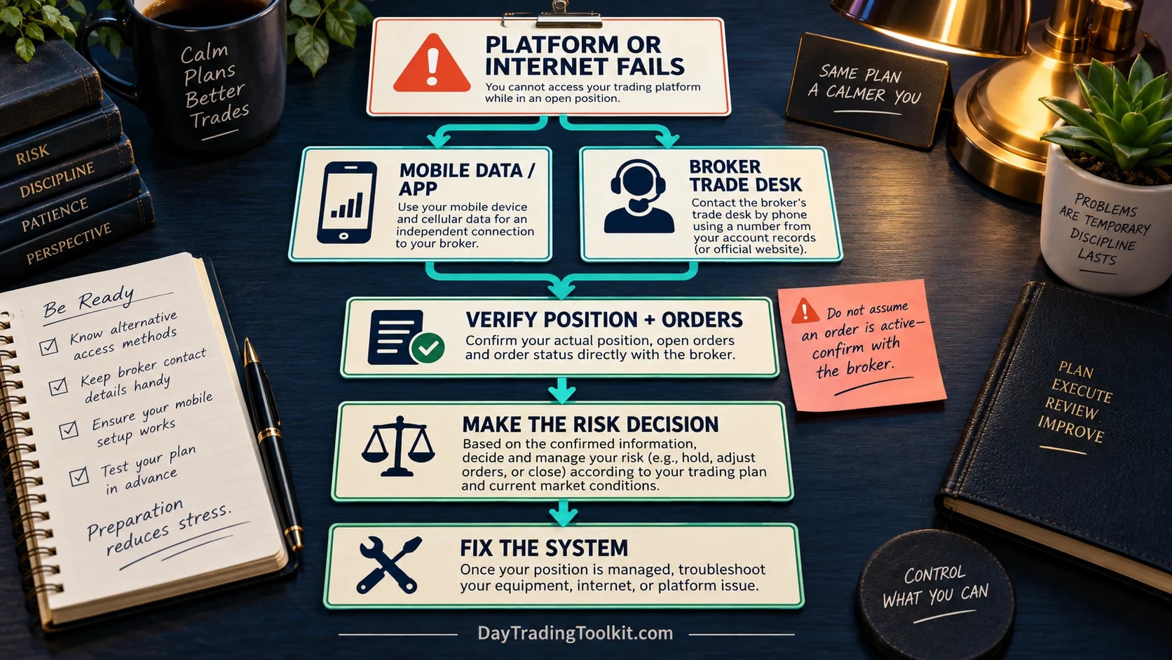 During a technology outage, the trader restores access, checks the live position and orders, and uses a broker fallback if needed.