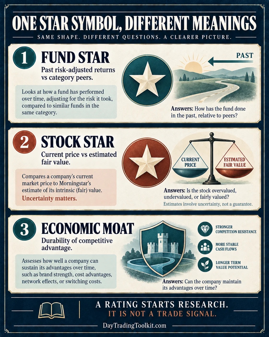 Morningstar fund star rating reflects past risk-adjusted peer performance; stock stars compare price with estimated fair value; moat assesses competitive durability.