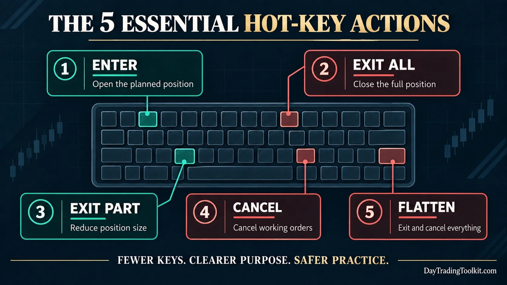 Keyboard diagram grouping five essential trading hot-key actions: enter, exit all, exit part, cancel working orders, and flatten.