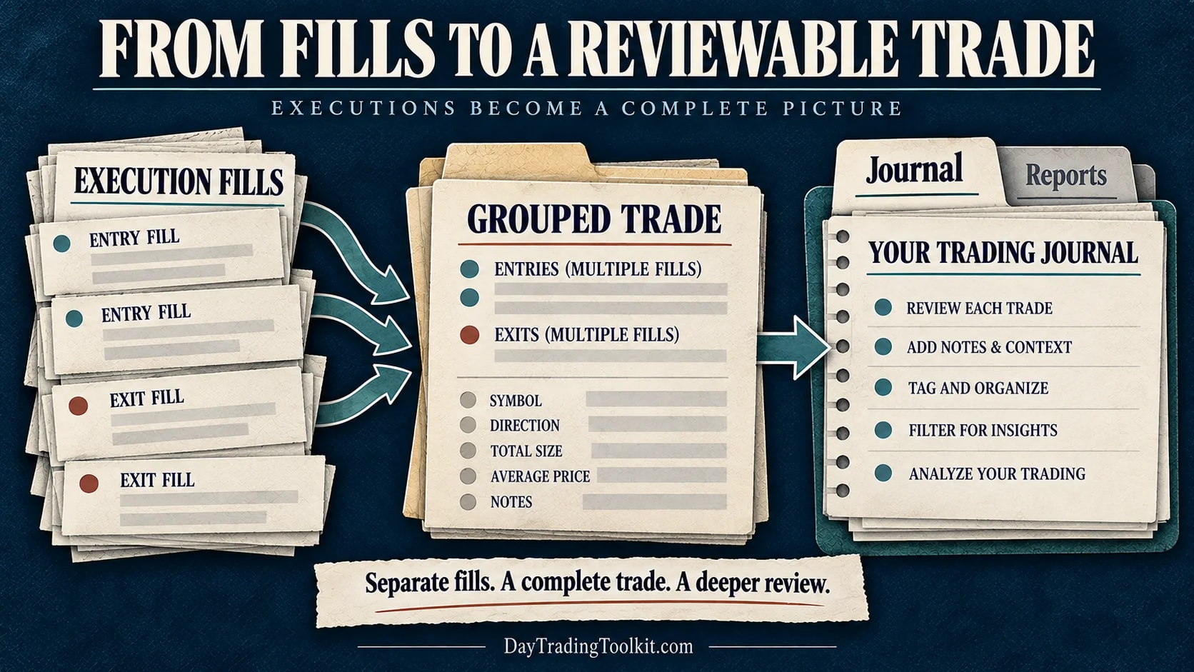 Separate entry and exit execution fills combine into one grouped trade for the Tradervue journal and reports.