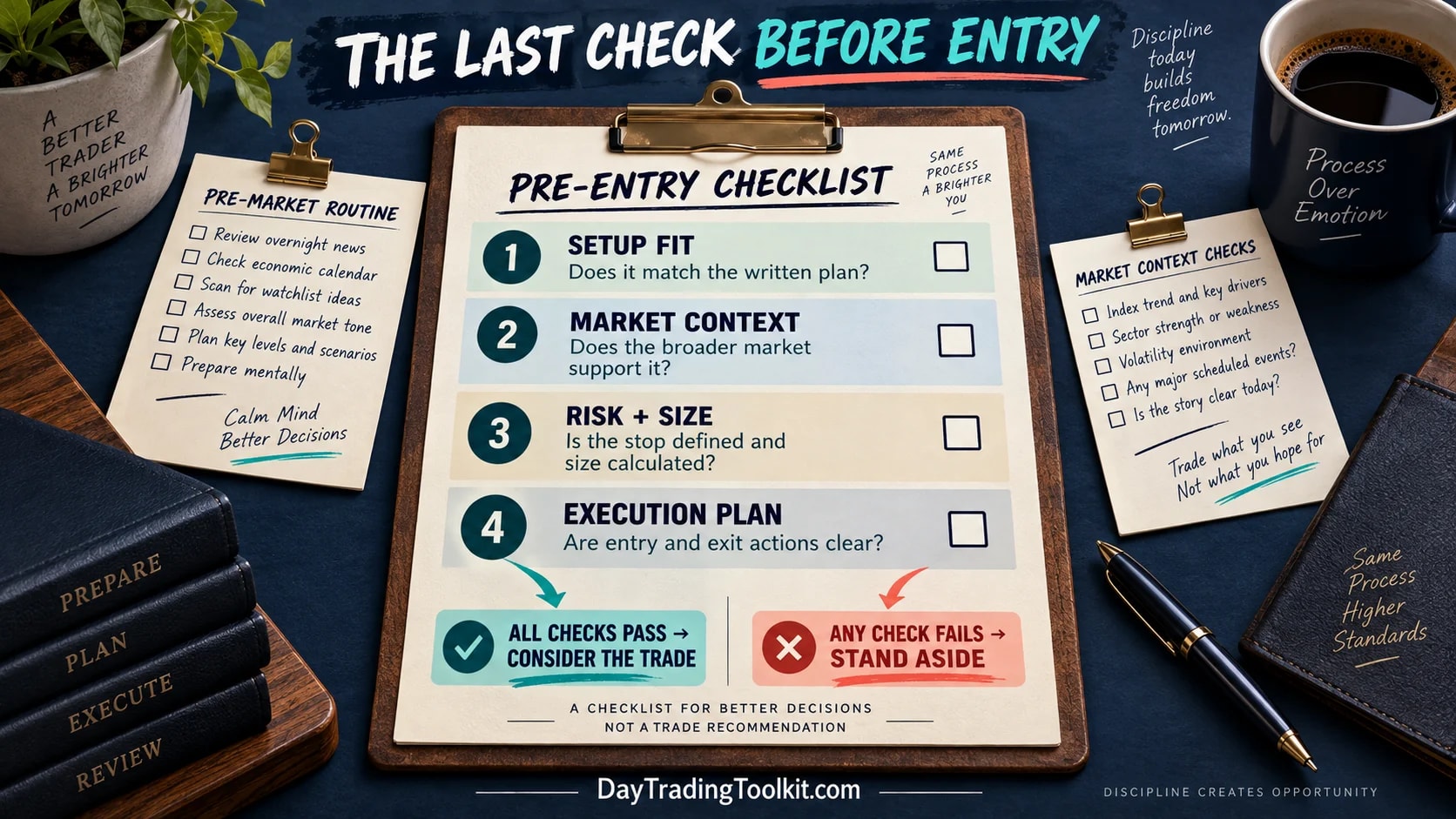 A pre-entry gate checks setup, market context, technical confirmation, risk, and timing before an order.