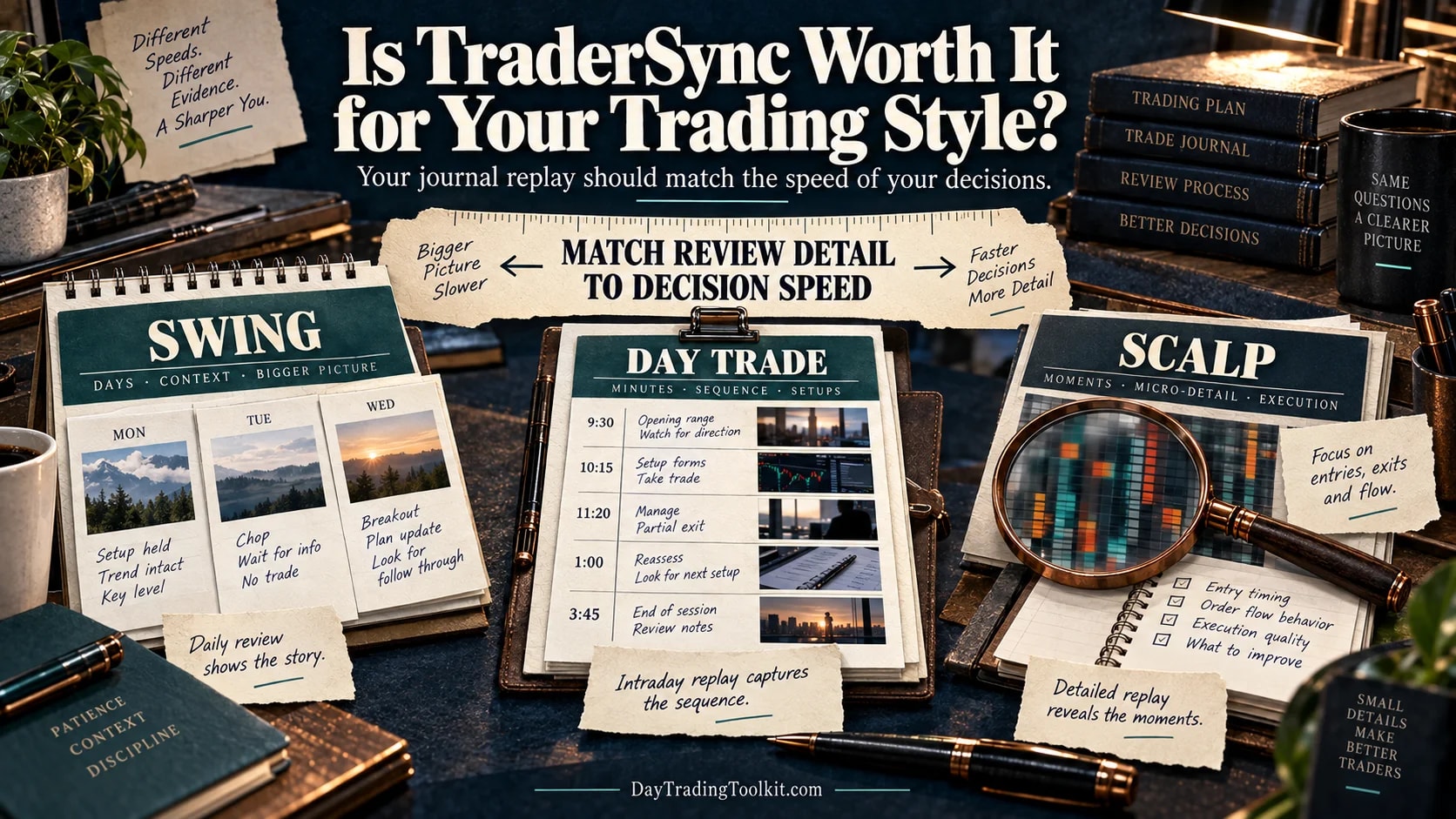 Swing, day, and scalp traders require different levels of replay detail to review their decisions.