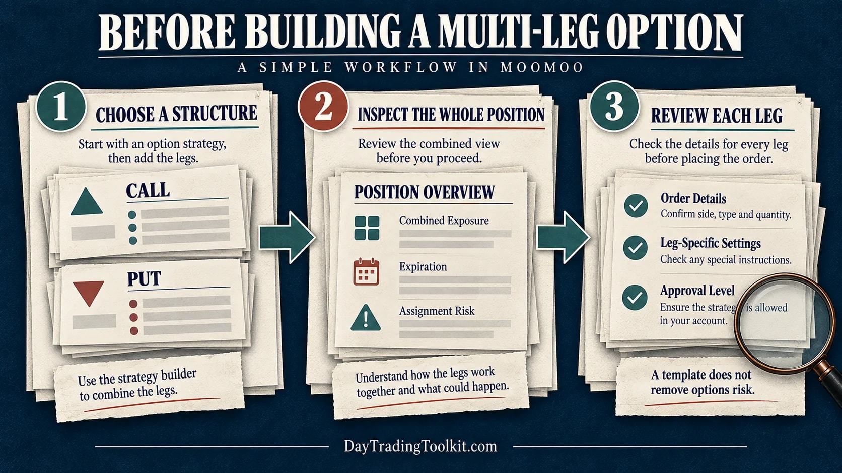 Three-step options checklist: choose a structure, inspect combined exposure and expiration, then review each leg and account approval.