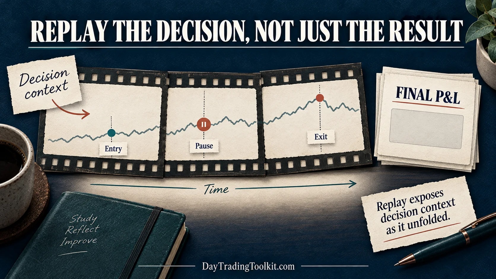 Trade replay reveals entry, pause, and exit decisions as the trade unfolded, while a final P&L card lacks that context.