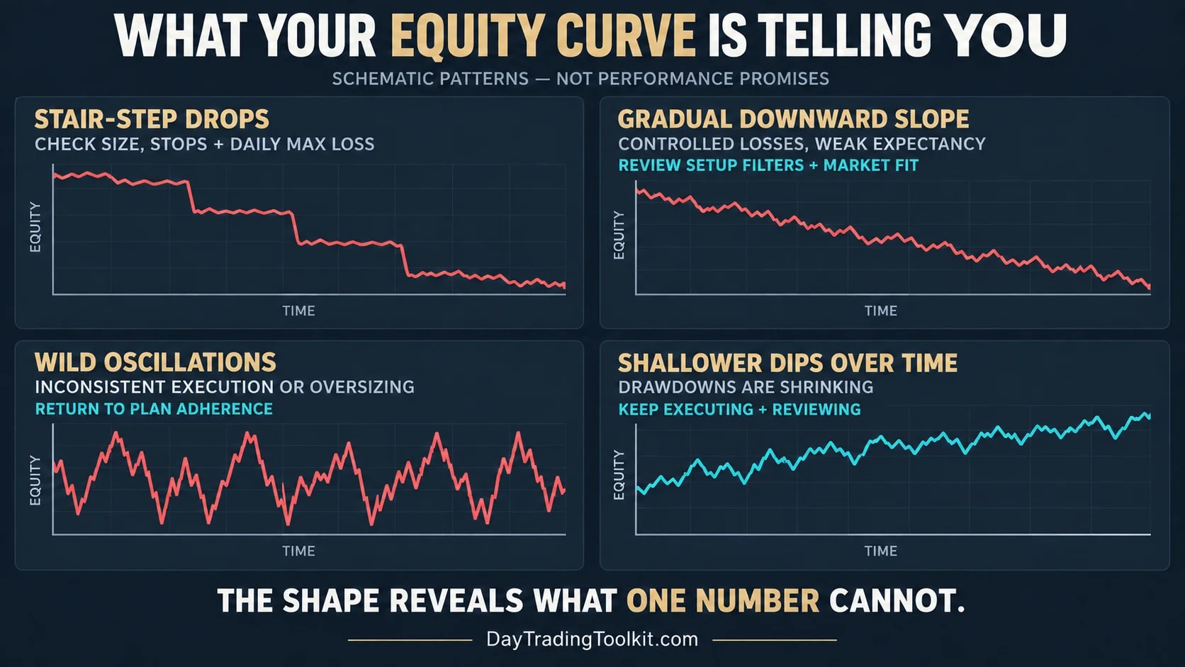Four schematic equity-curve patterns with possible interpretations and corrective actions.