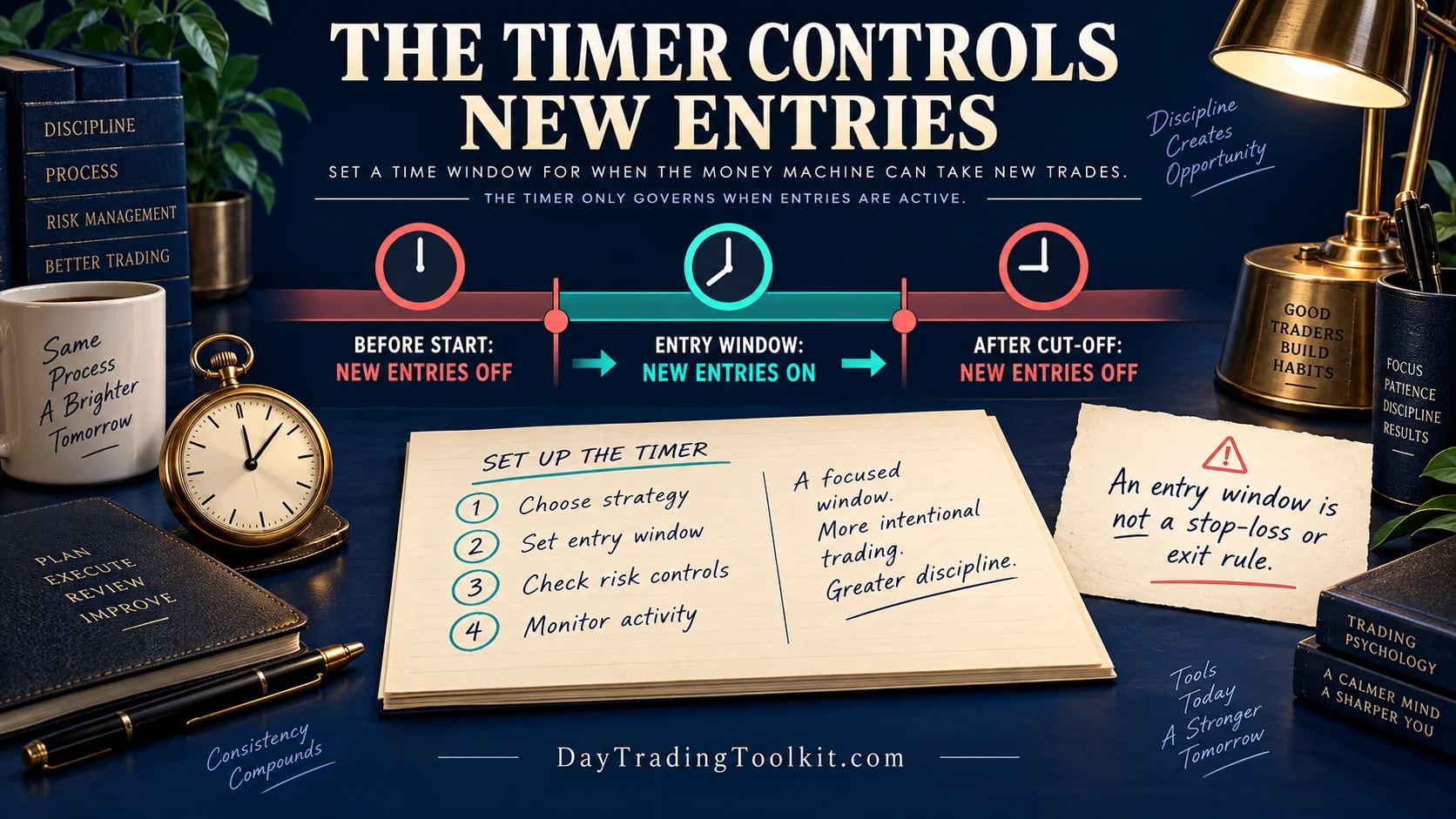 A Money Machine entry timer separates before, within, and after the entry window.