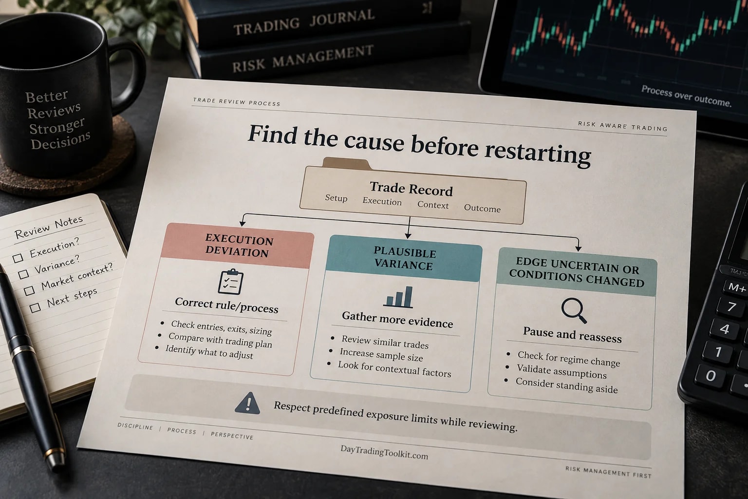 Drawdown review distinguishes execution deviations, plausible variance and an uncertain or changing edge before a restart decision.