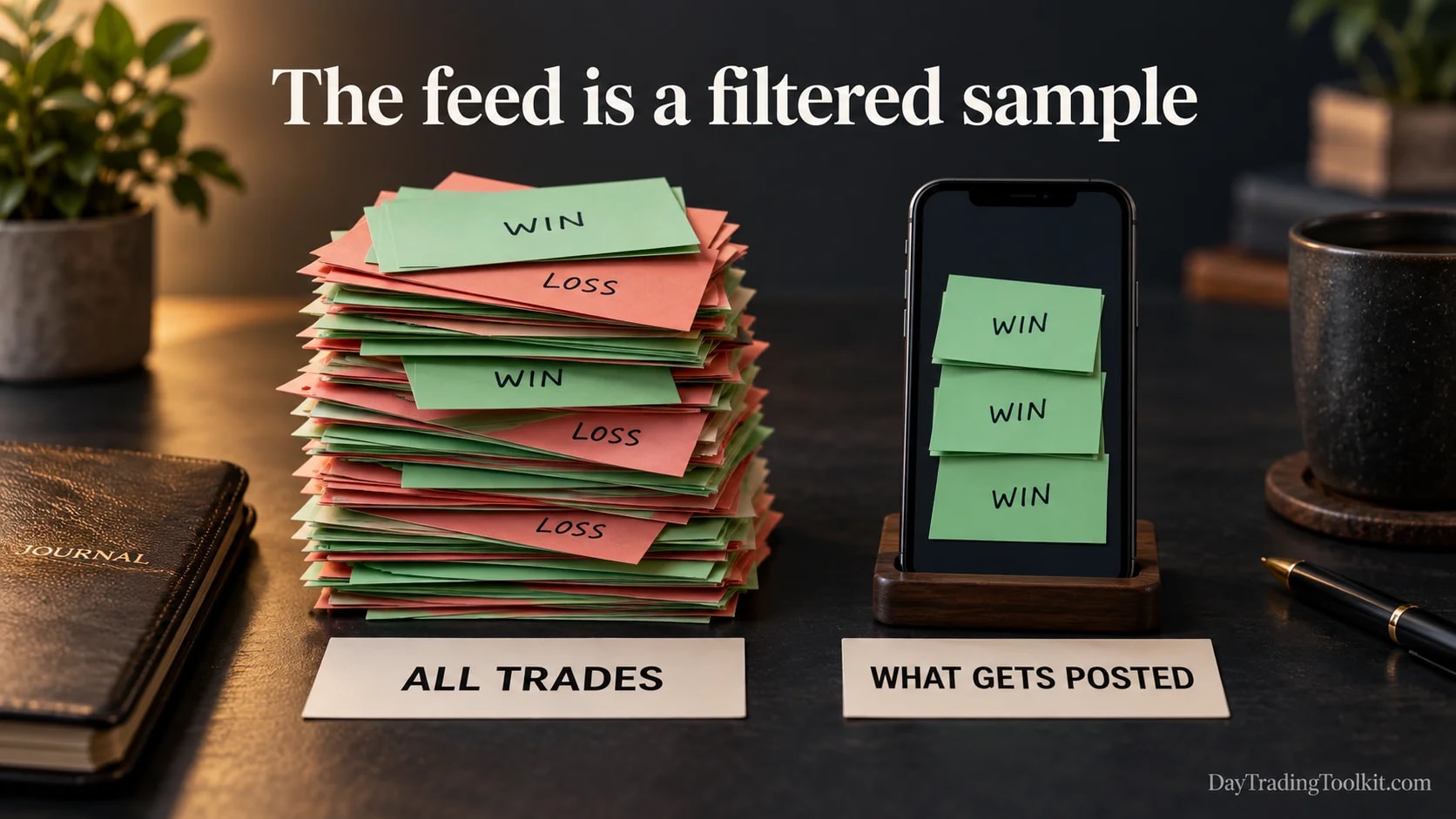 A mixed set of trading outcomes becomes a mostly winning public feed through selective posting.