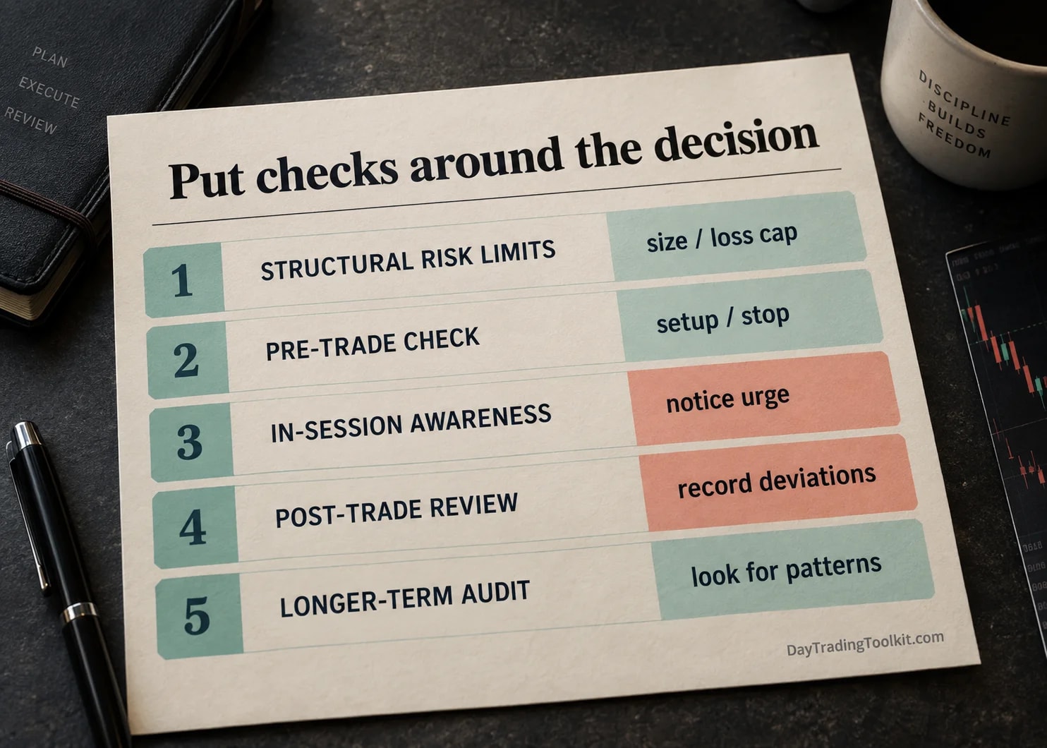 Five layers connect structural risk limits, pre-trade checks, in-session awareness, post-session review and longer-term audits.