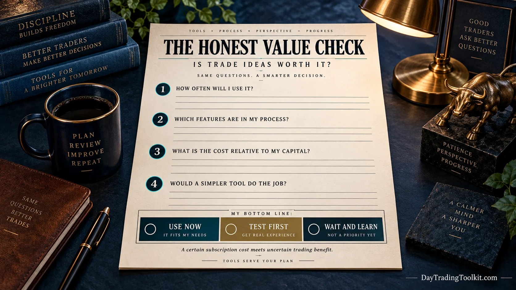 A value checklist compares a trader's recurring workflow, time saved, and cost.