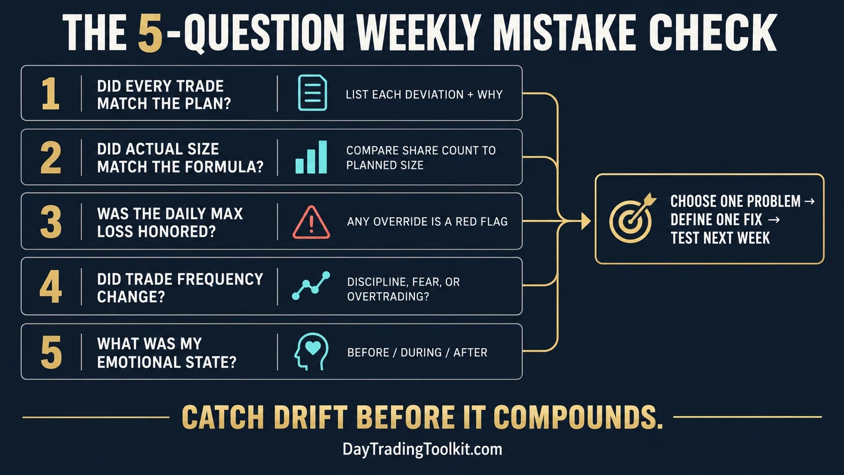 Five-question weekly diagnostic for detecting repeated trading mistakes before they compound.