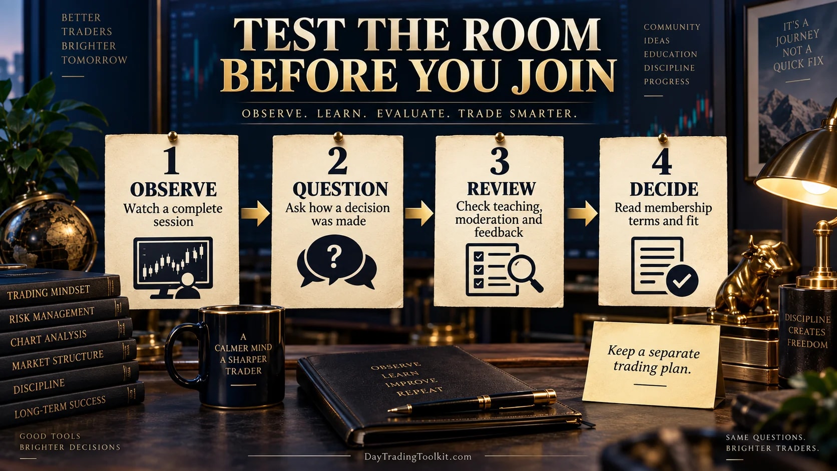 Four-step trial: observe, question, review, then decide on membership fit.