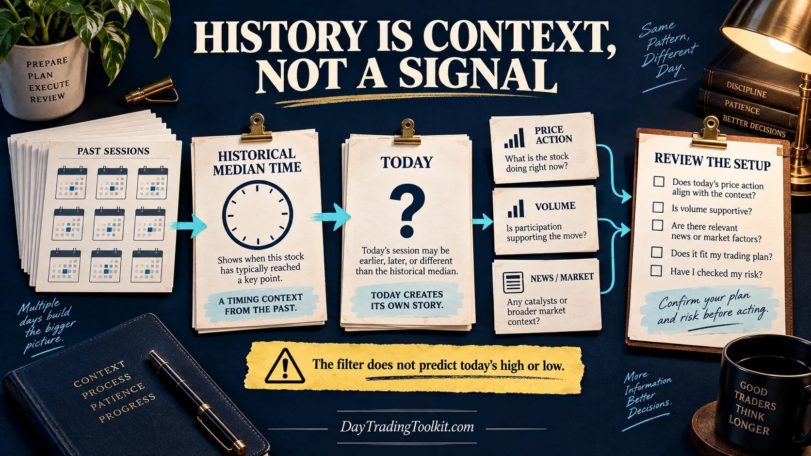 Past sessions establish a median timing reference, while today's price action, volume, news, and risk require separate review.