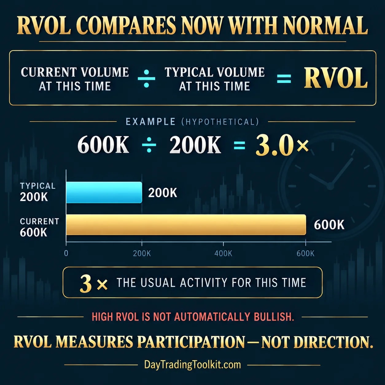 RVOL formula divides current volume at the same time by typical volume, with a hypothetical 600K divided by 200K example equaling 3.0 times.
