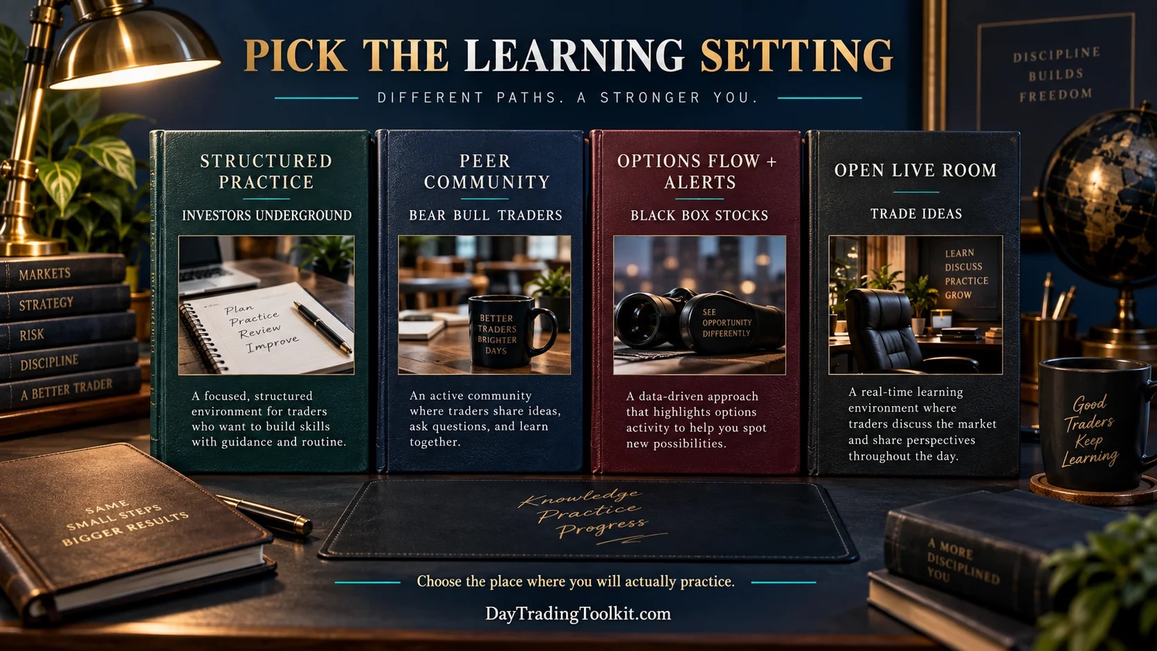 Four learning settings compared by structured practice, community, market focus, and observation.