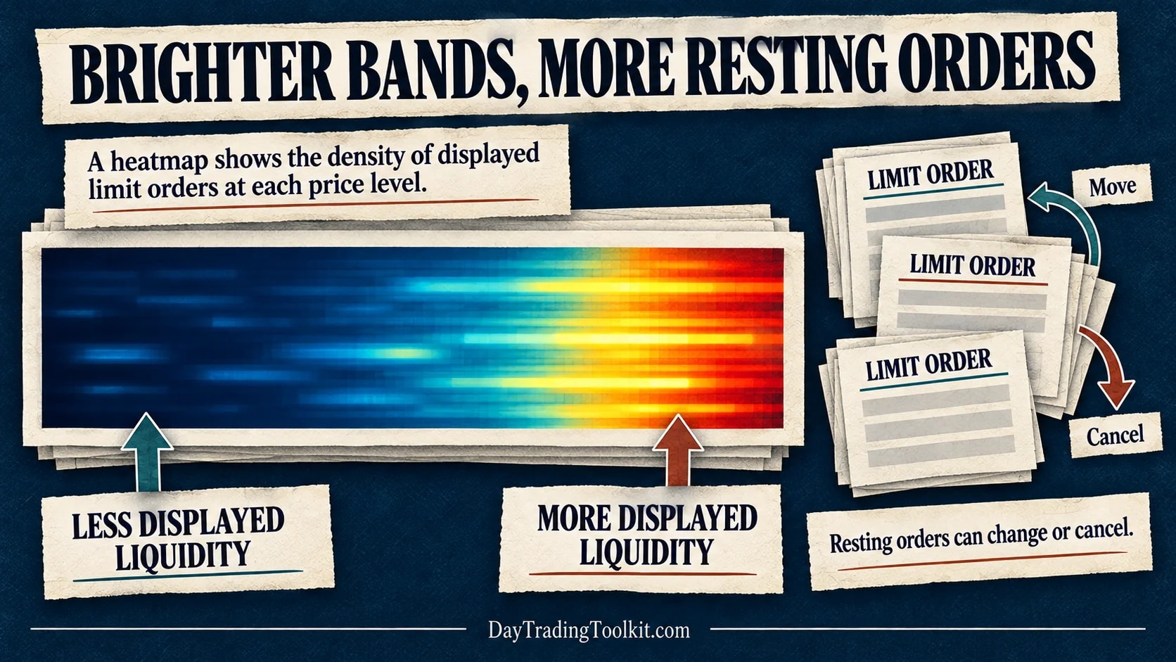 A Bookmap-style heatmap legend moves from darker low displayed liquidity to brighter high displayed liquidity, with resting orders able to change or cancel.