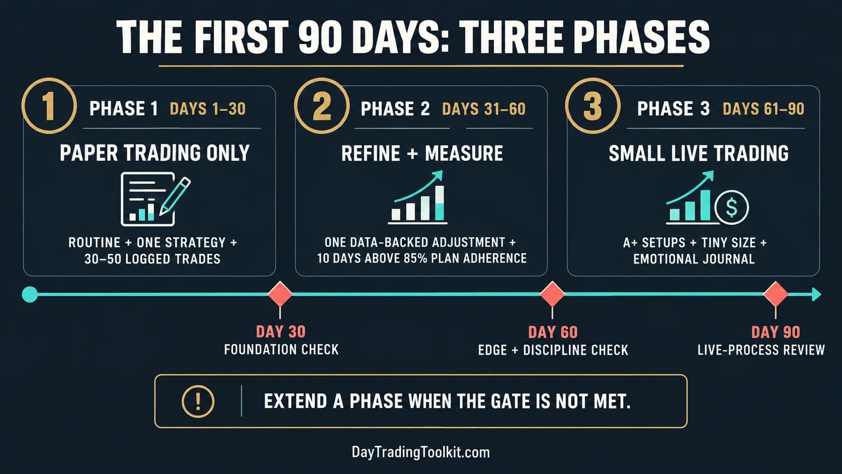 Three-phase 90-day day-trading roadmap from paper foundations to small live trading.