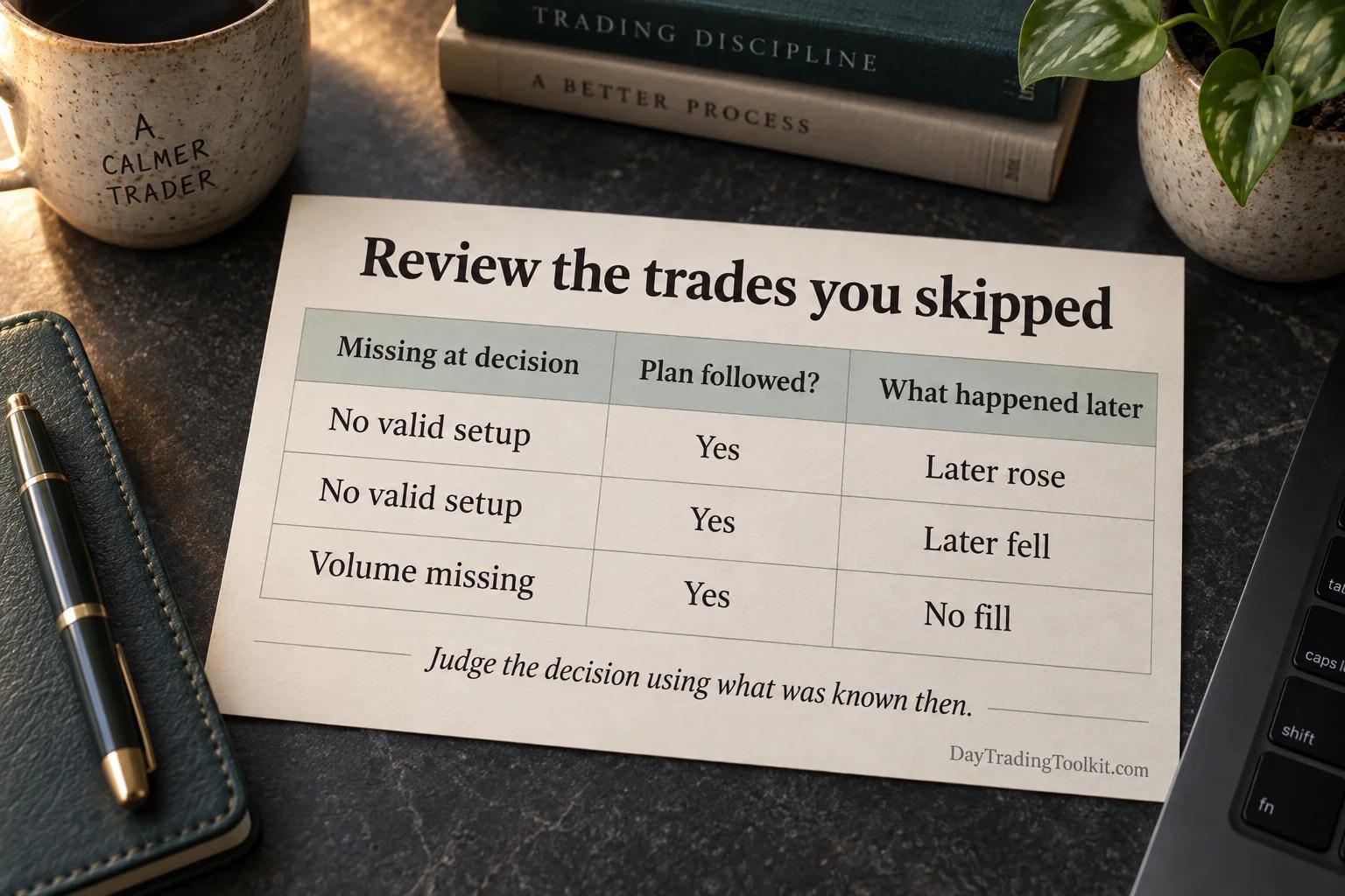 Skipped-trade journal records missing criteria, whether staying out followed the plan and what happened afterward.