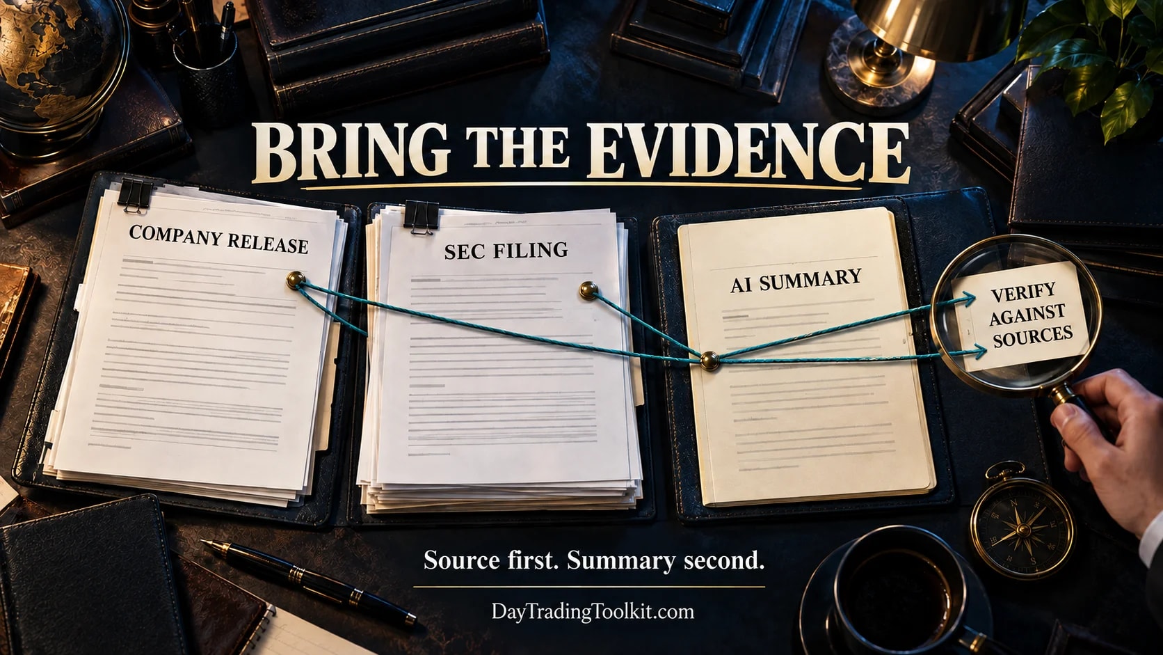 A company release and SEC filing feed an AI summary, with the original documents retained for verification.
