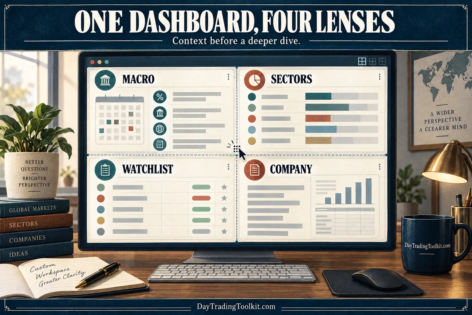 Editorial Koyfin dashboard illustration with macro, sector, watchlist, and company research panes.