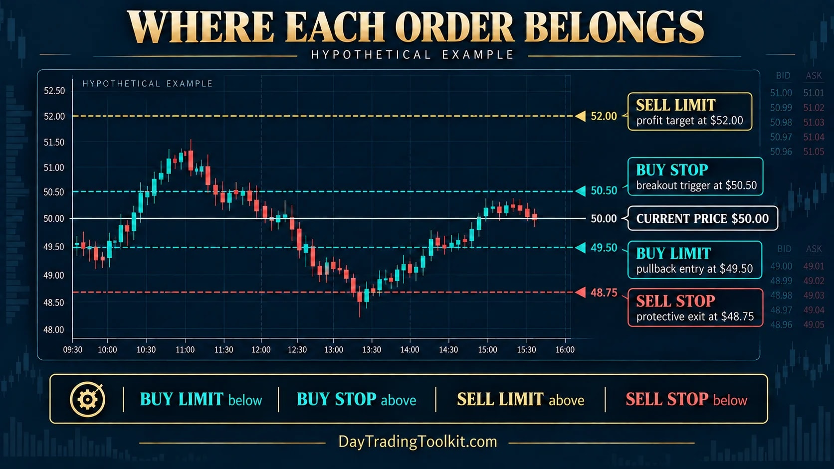 Hypothetical chart maps a buy limit and sell stop below $50, and a buy stop and sell limit above $50.