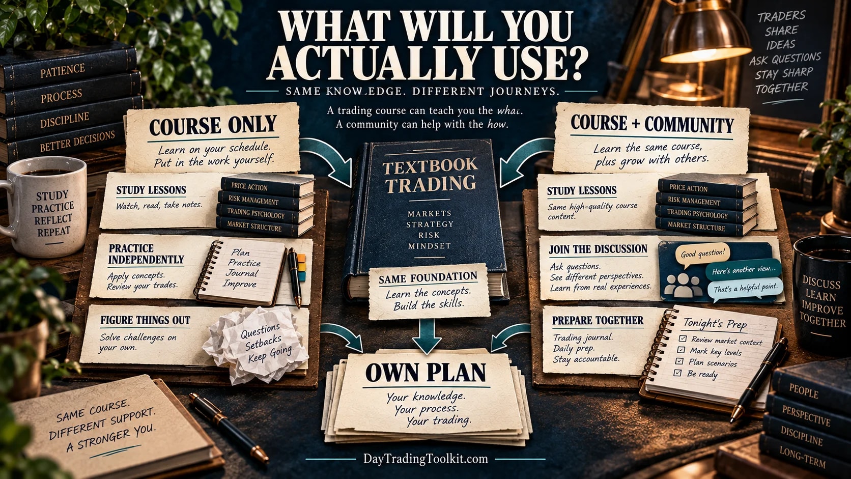 Standalone trading course and course plus community both lead to an independent personal trading plan.