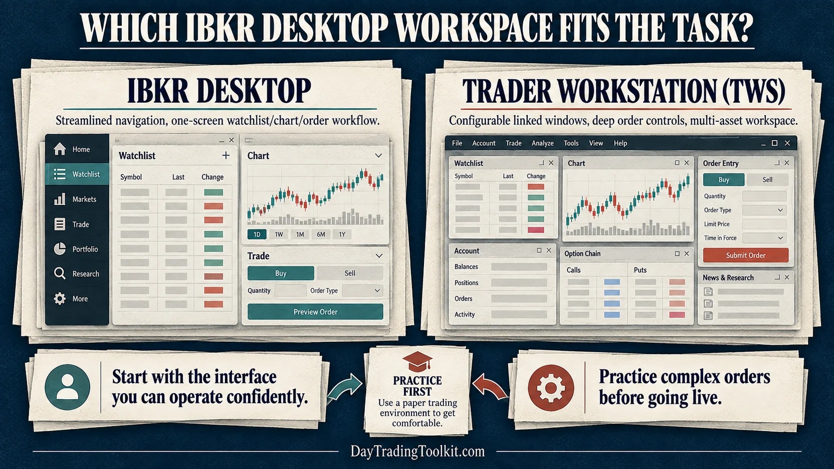 Conceptual comparison of IBKR Desktop’s streamlined workflow and Trader Workstation’s configurable, multi-window workspace.