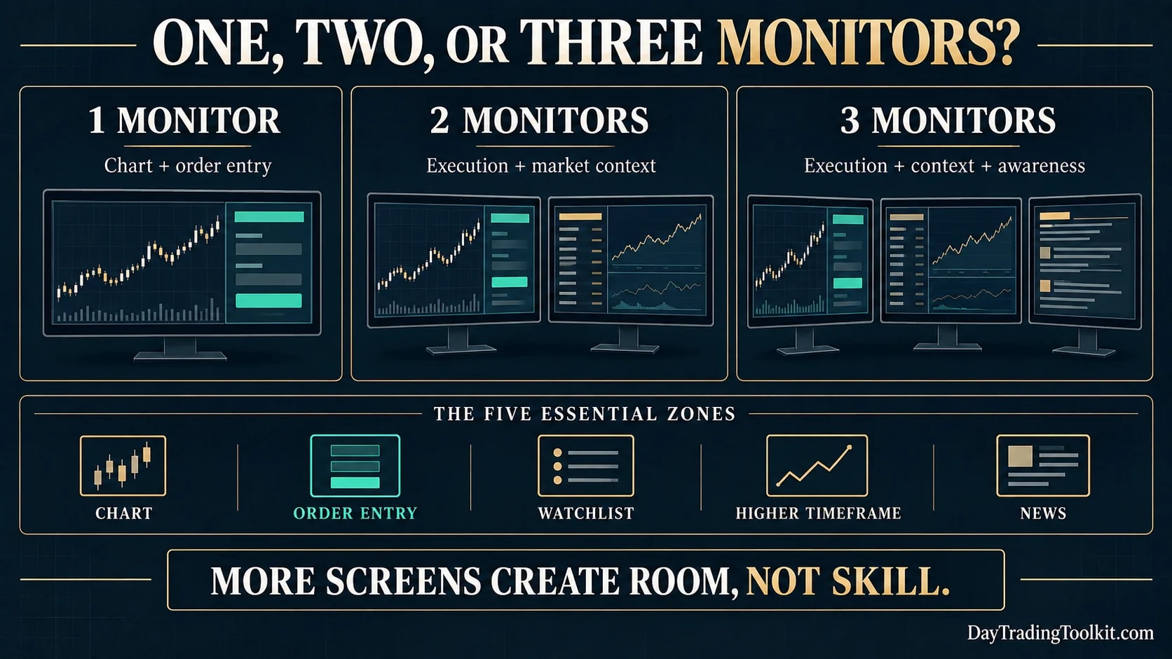 Wireframe comparison of one-, two-, and three-monitor trading layouts using chart, order-entry, watchlist, timeframe, and news zones.