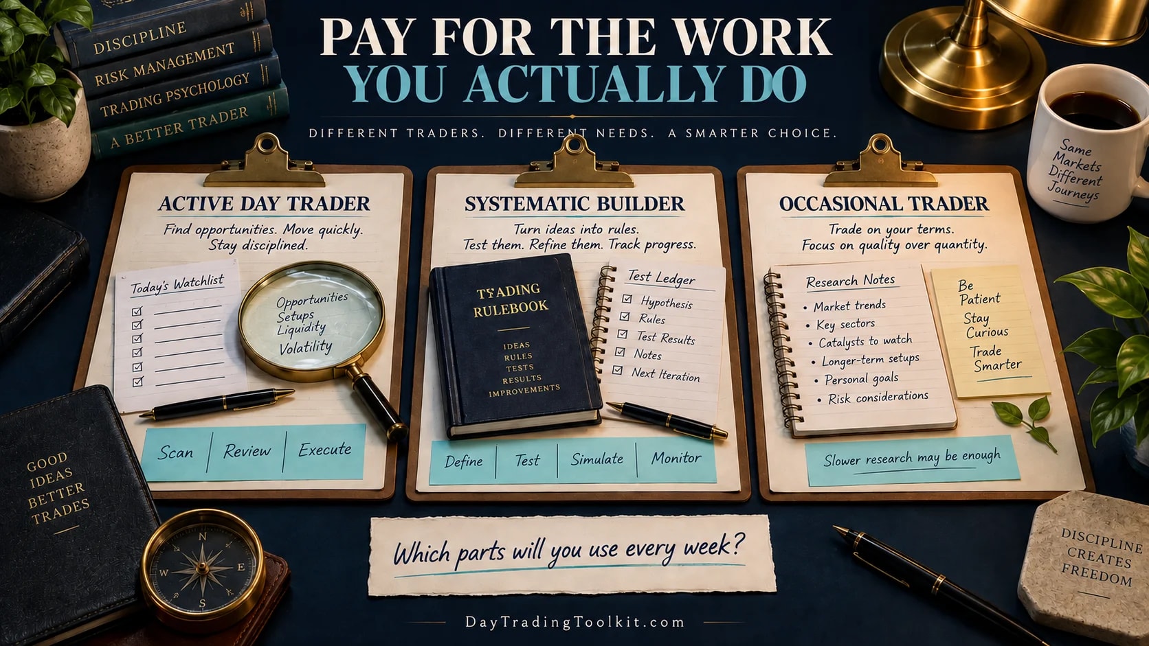 Physical trader profile cards compare which routines may fit Trade Ideas' tools.