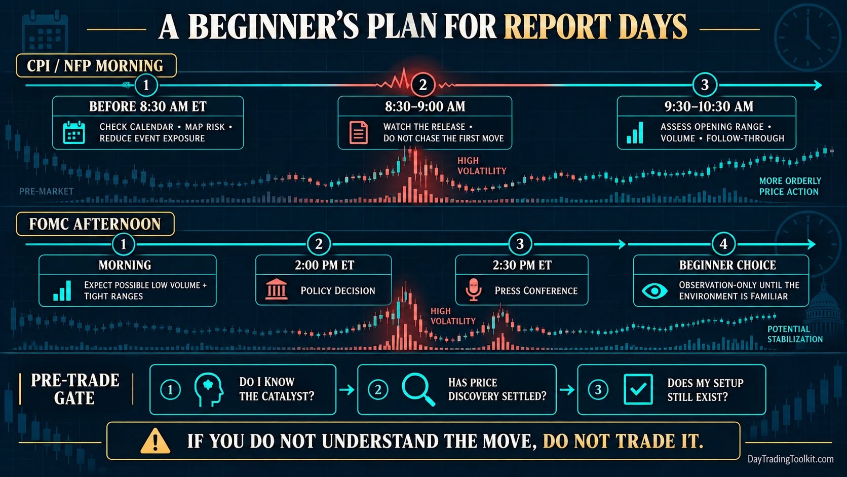 Beginner report-day timeline from calendar checks and risk reduction through observation and a later post-release decision window.
