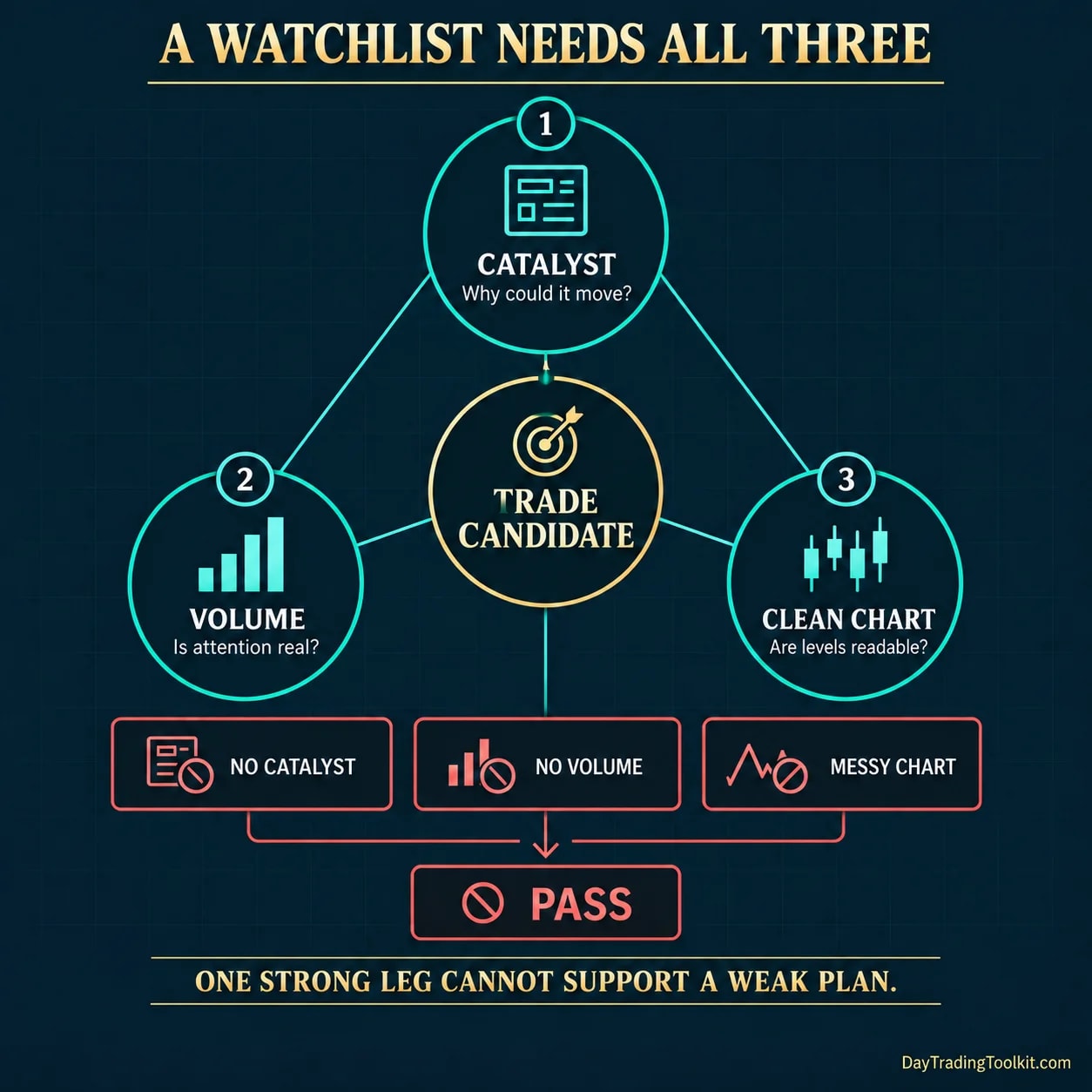 Catalyst, volume and a clean chart combine to create a viable watchlist candidate; a missing leg leads to a pass.
