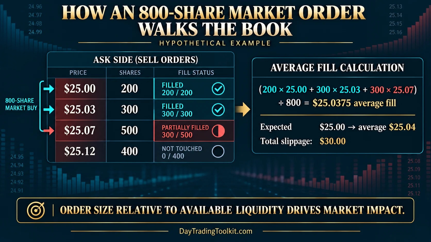 An 800-share market buy consumes three ask levels and produces a $25.0375 average fill and $30 total slippage.