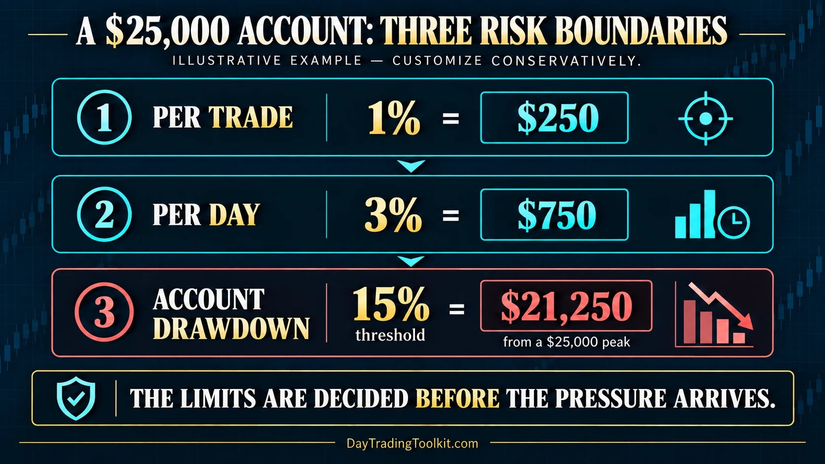 Twenty-five-thousand-dollar account with per-trade, daily, and drawdown risk limits