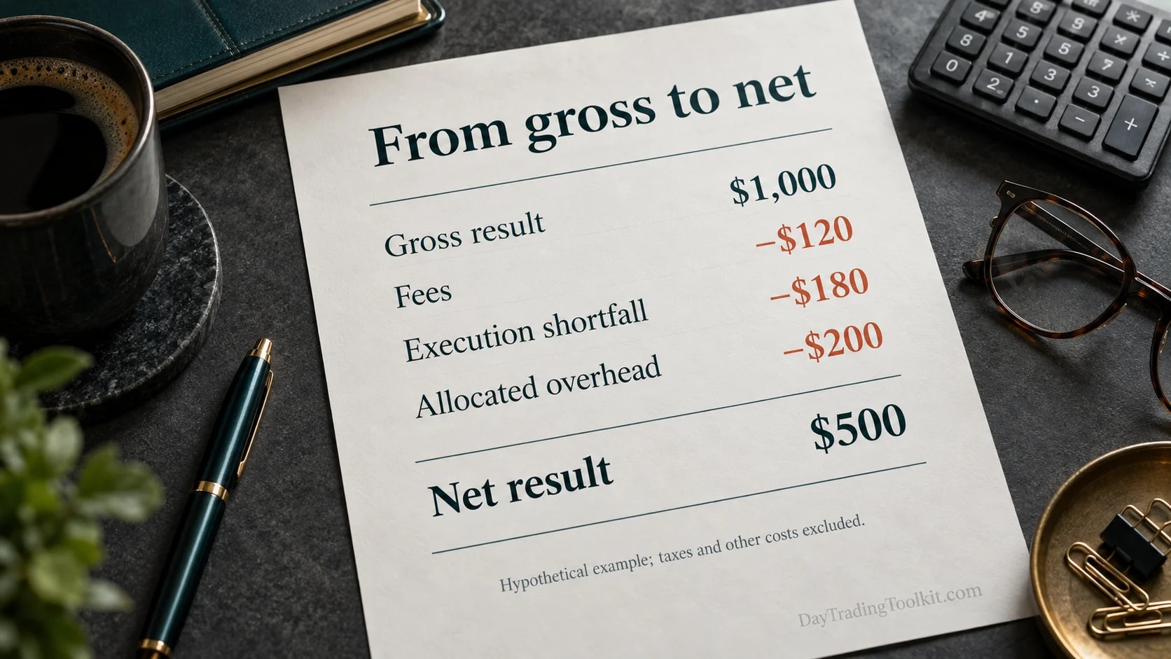 A hypothetical cost breakdown reduces $1,000 gross to $500 net after fees, execution shortfall and allocated overhead.