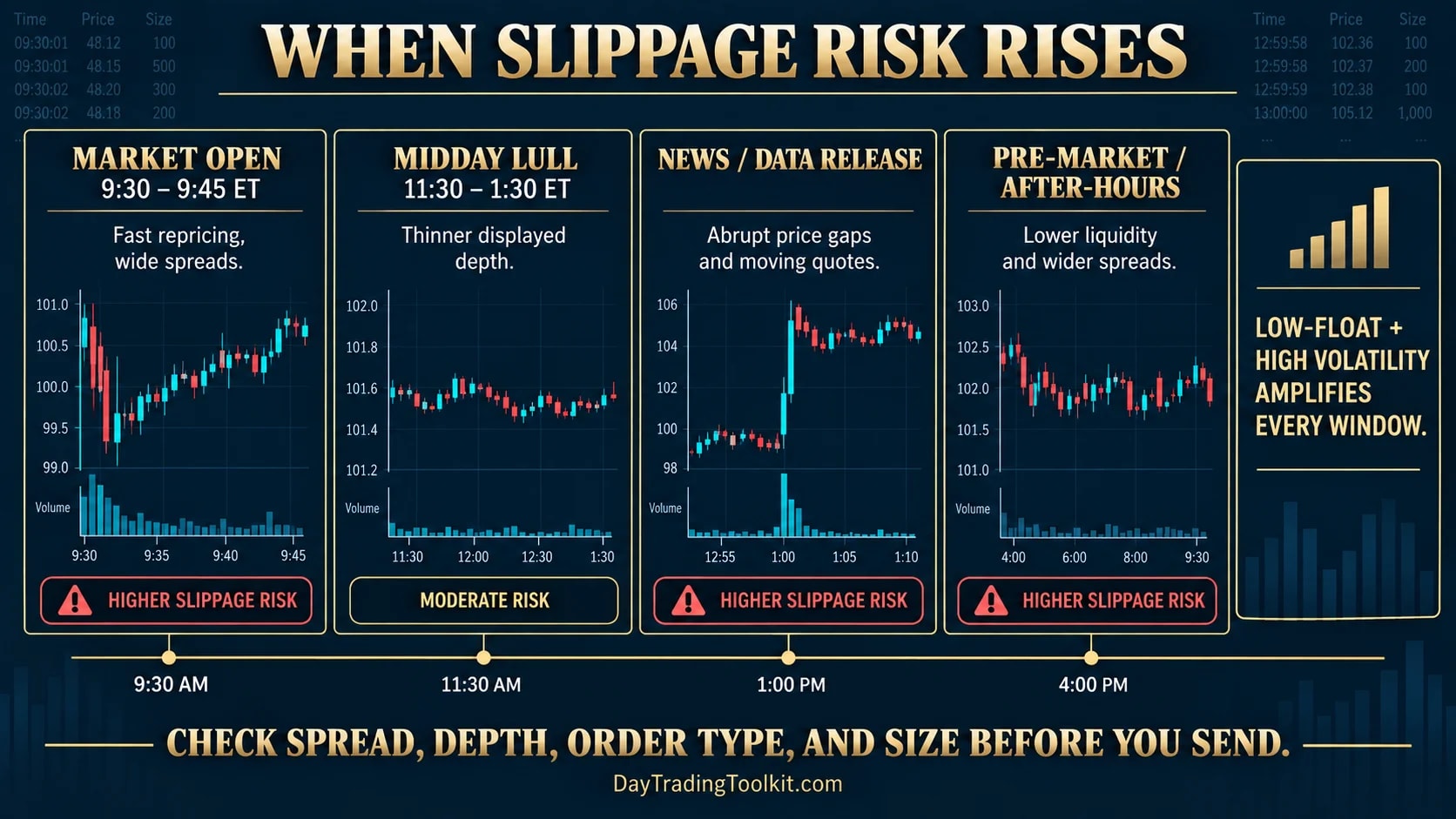 Four mini charts compare slippage risk at the open, midday, news releases and extended-hours trading.