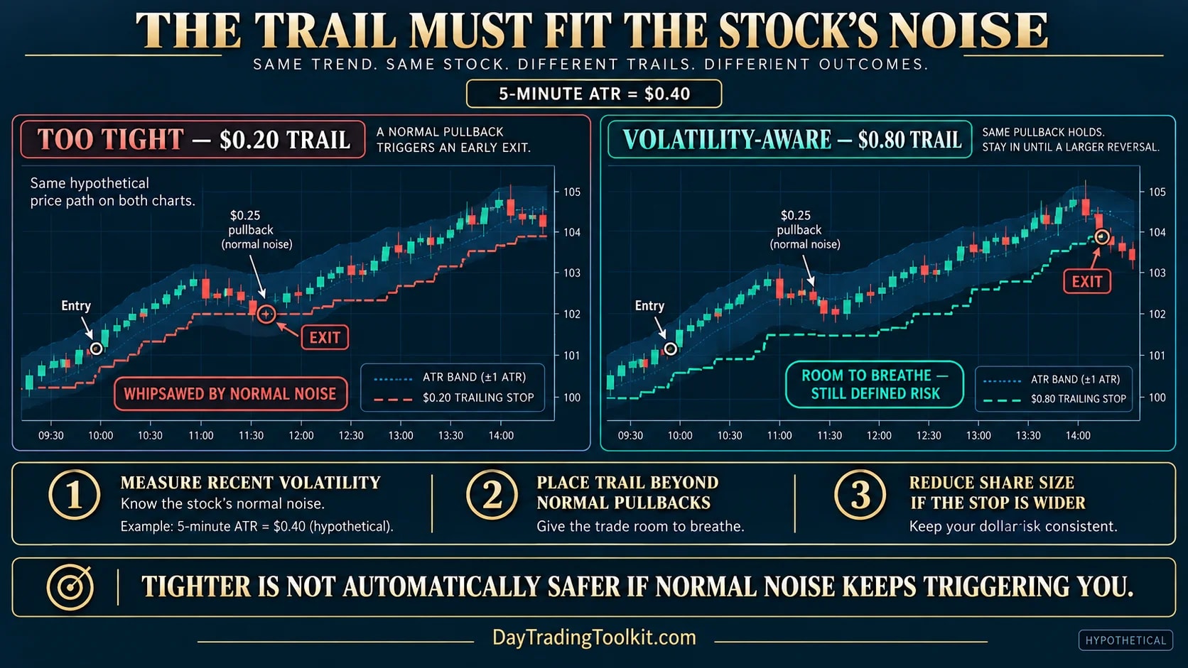 Identical hypothetical trends compare a $0.20 trail that whipsaws with a $0.80 trail calibrated to a $0.40 five-minute ATR.