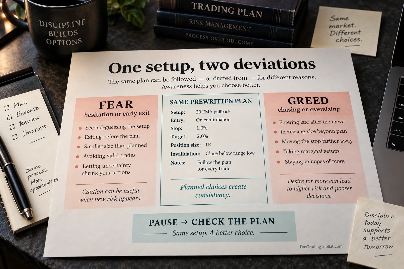 One hypothetical plan compares fear-driven hesitation or early exits with greed-driven chasing or oversizing.
