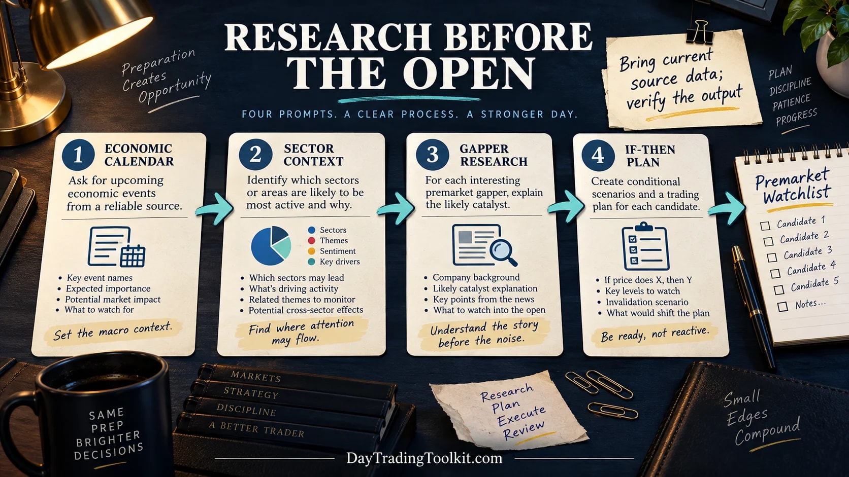 A premarket prompt chain moves from calendar and sector context to gapper research and a trade scenario plan.