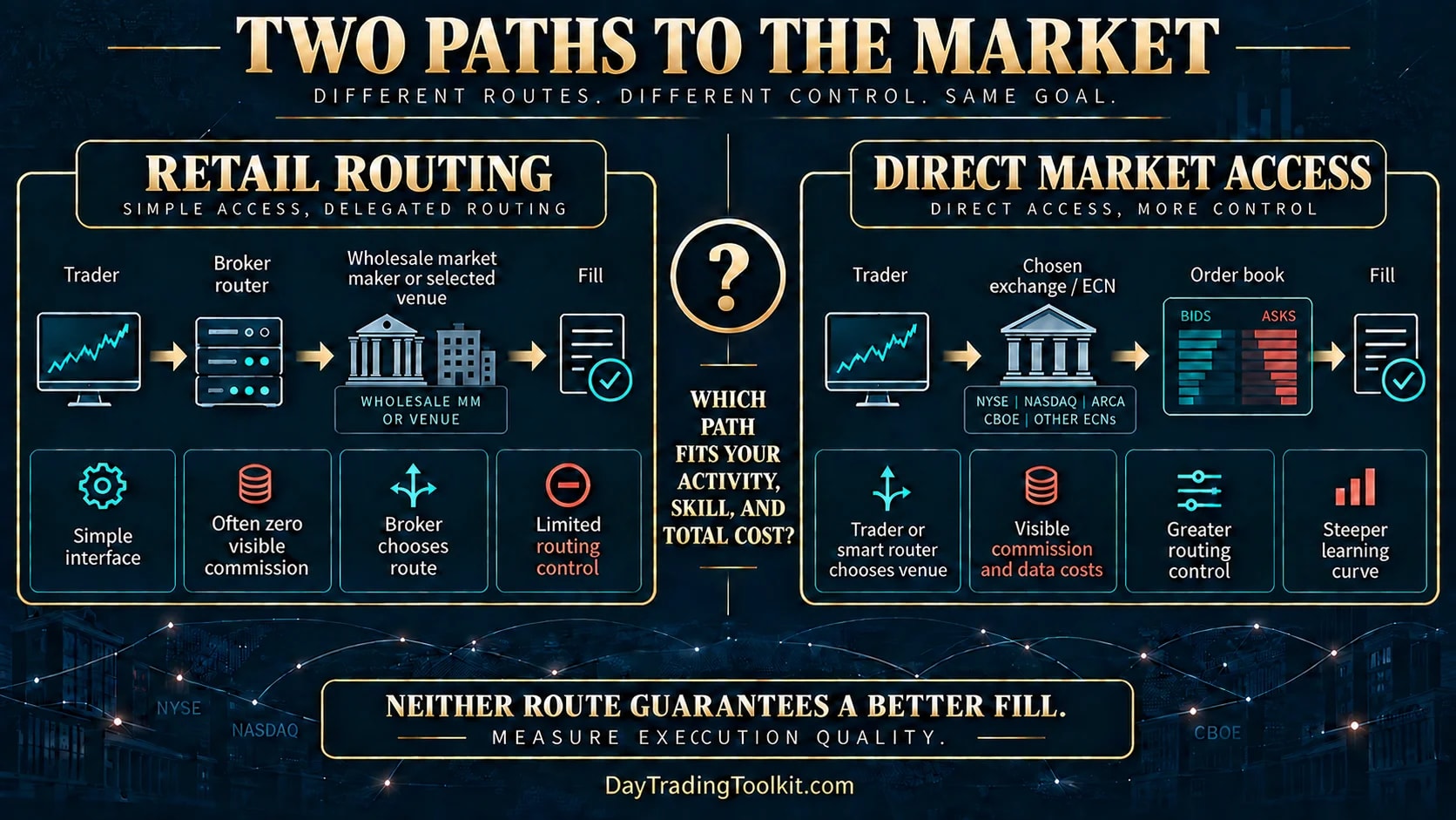 Retail routing delegates venue choice to the broker, while DMA provides exchange or ECN routing control with added cost and complexity.