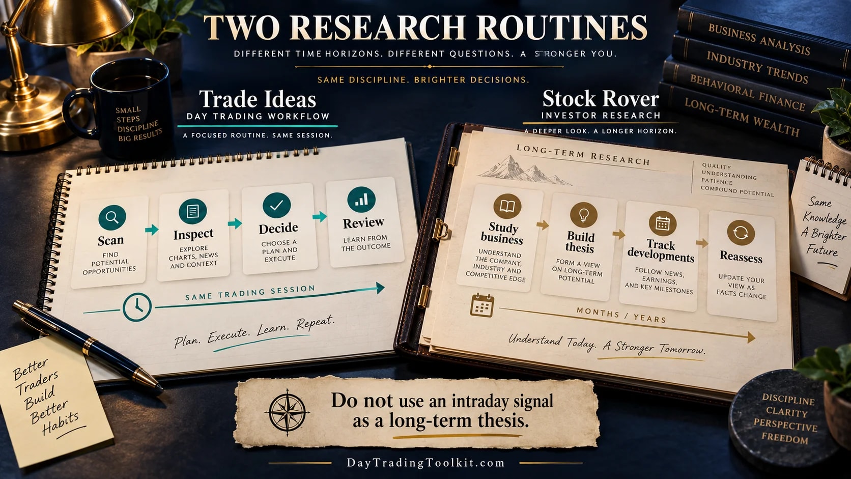 Same-session trading routine contrasted with longer-term business research and reassessment.