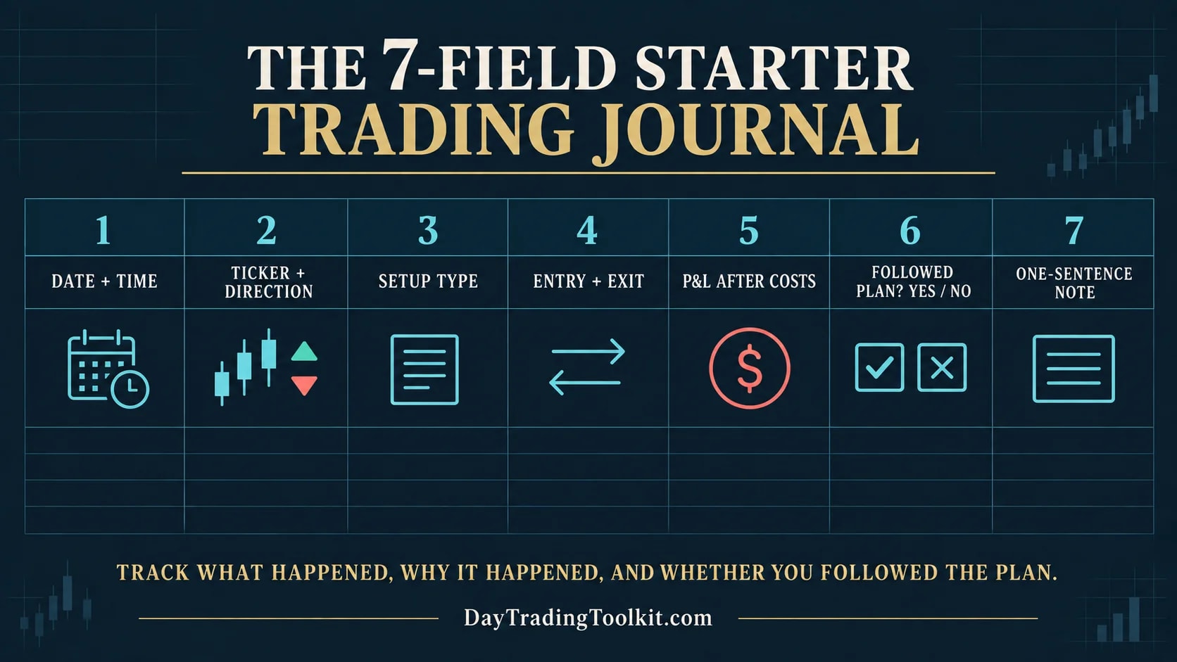 Seven-field starter trading journal for recording the essential facts of each trade