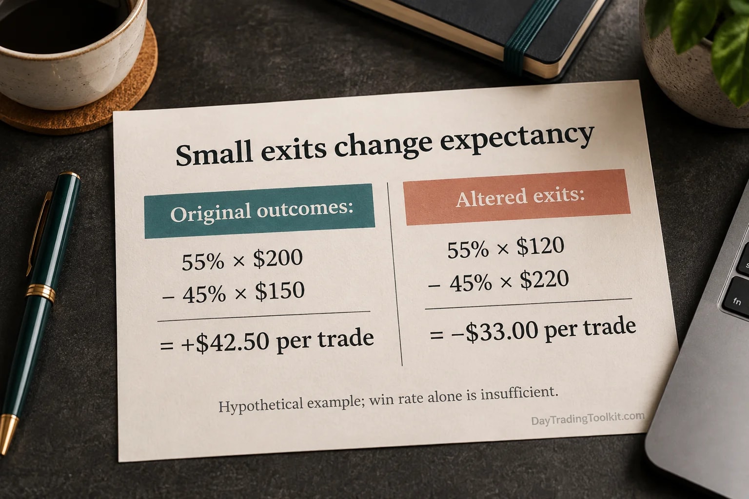 At a 55% win rate, $200 average wins and $150 losses yield $42.50 expectancy; $120 wins and $220 losses yield negative $33.