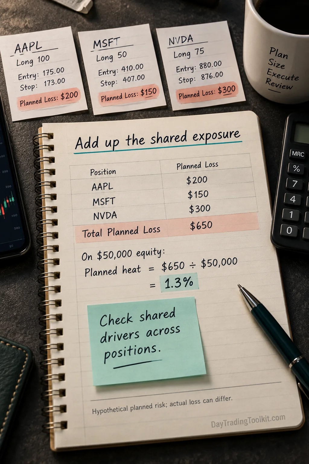 Three positions with $200, $150 and $300 planned losses total $650, or 1.3% of a hypothetical $50,000 account.