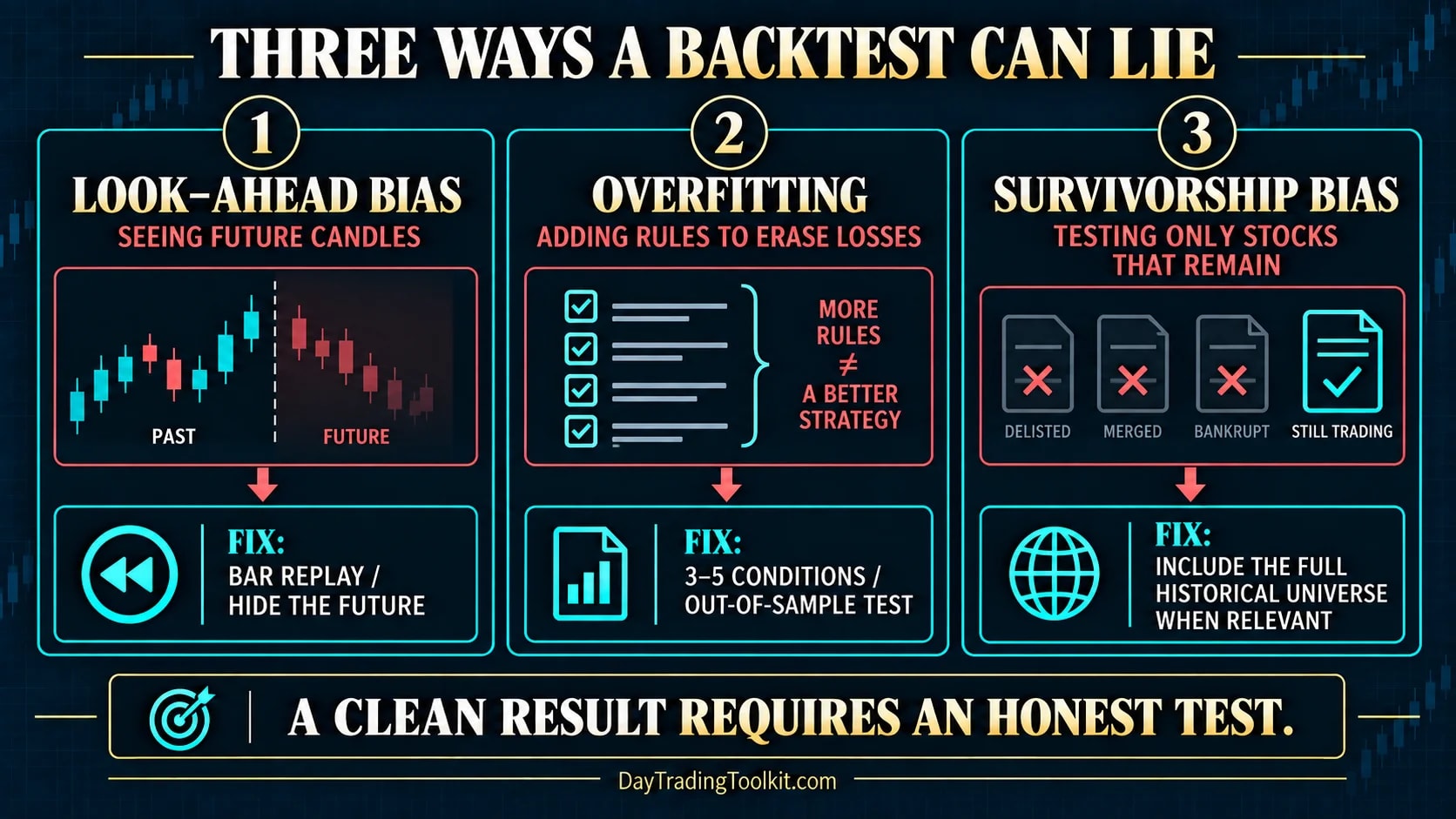 Look-ahead, overfitting, and survivorship biases that can distort a backtest