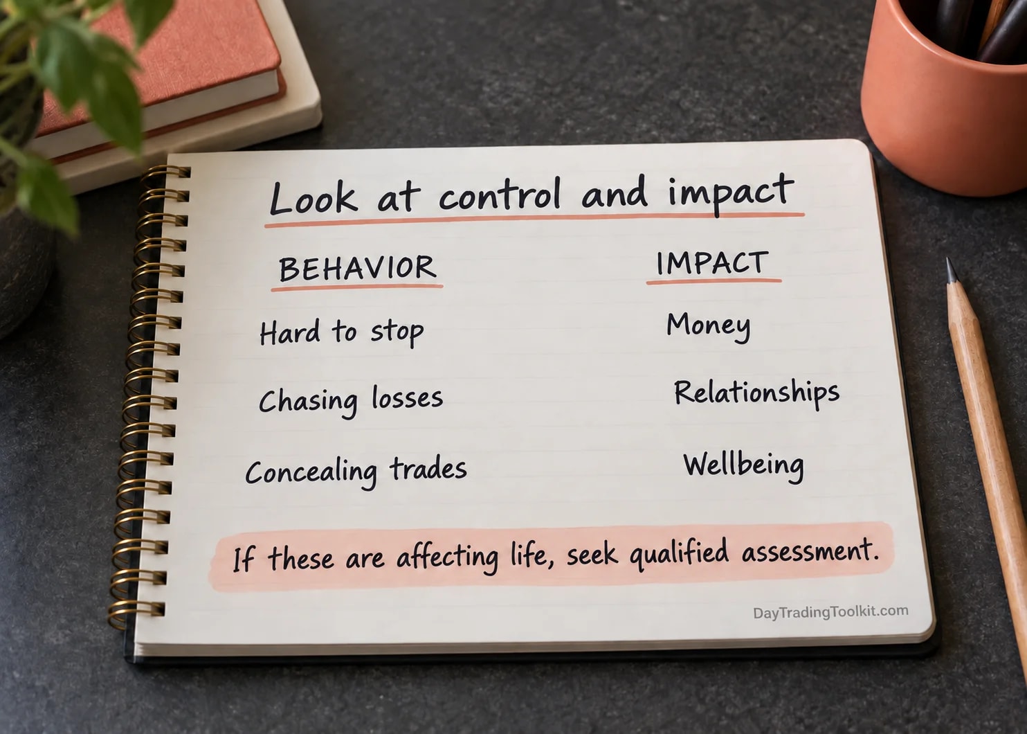 Two lists compare difficulty stopping, chasing and concealment with possible effects on money, relationships and wellbeing.